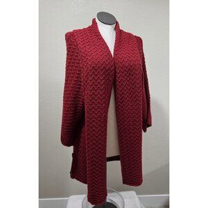 Anne French Open Front Burgundy Knit Cardigan With Button Accents Zig-Zag Patter